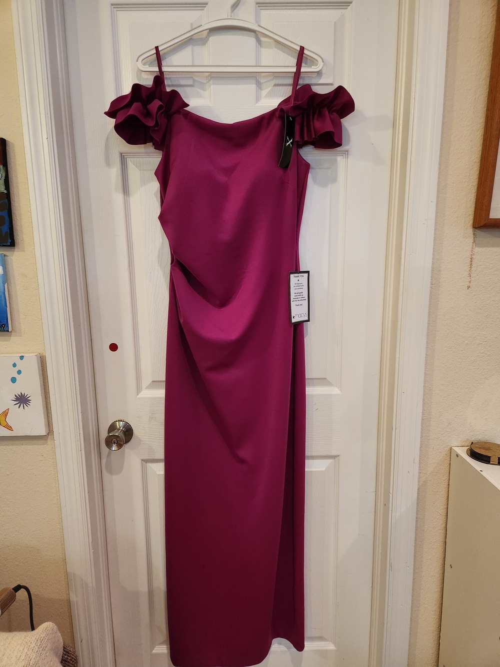 Xscape Fuchsia Off-Shoulder Ruffle Gown